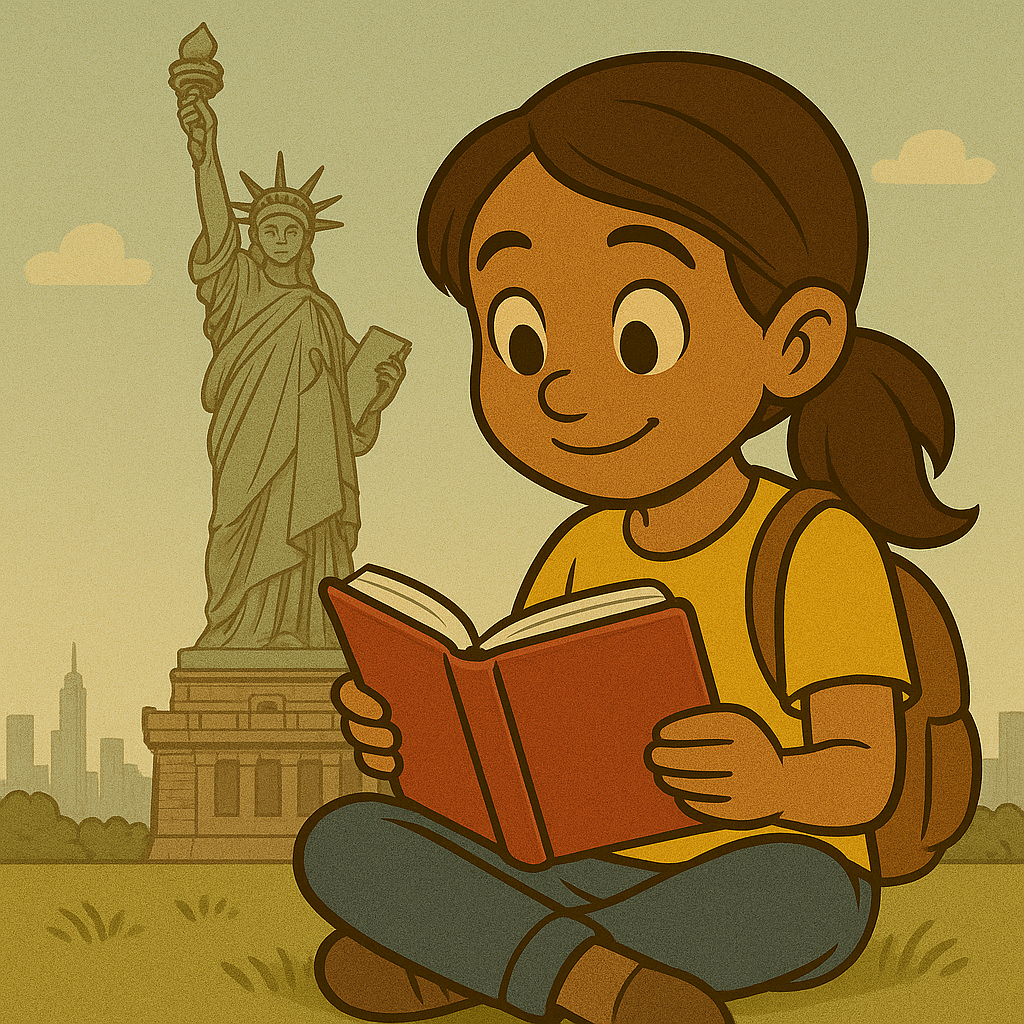 Girl reading a book with Statue of Liberty, New York